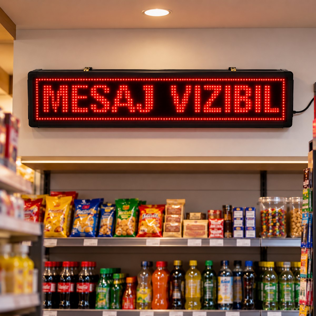 Panou LED roșu compact montat într-un magazin