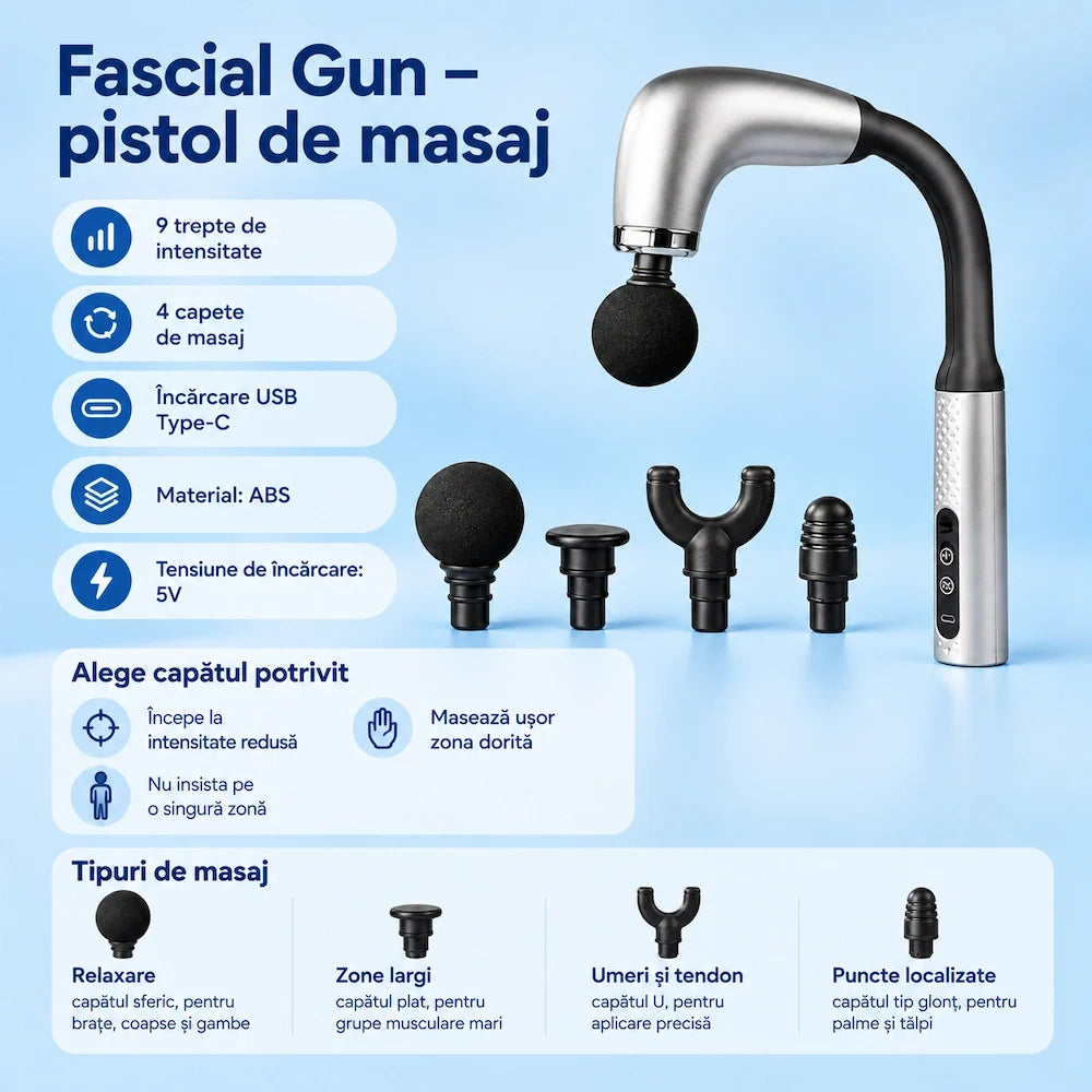 Pistol de masaj AT PERFORMANCE® AT-2018 gri, prezentare a capetelor și comenzilor