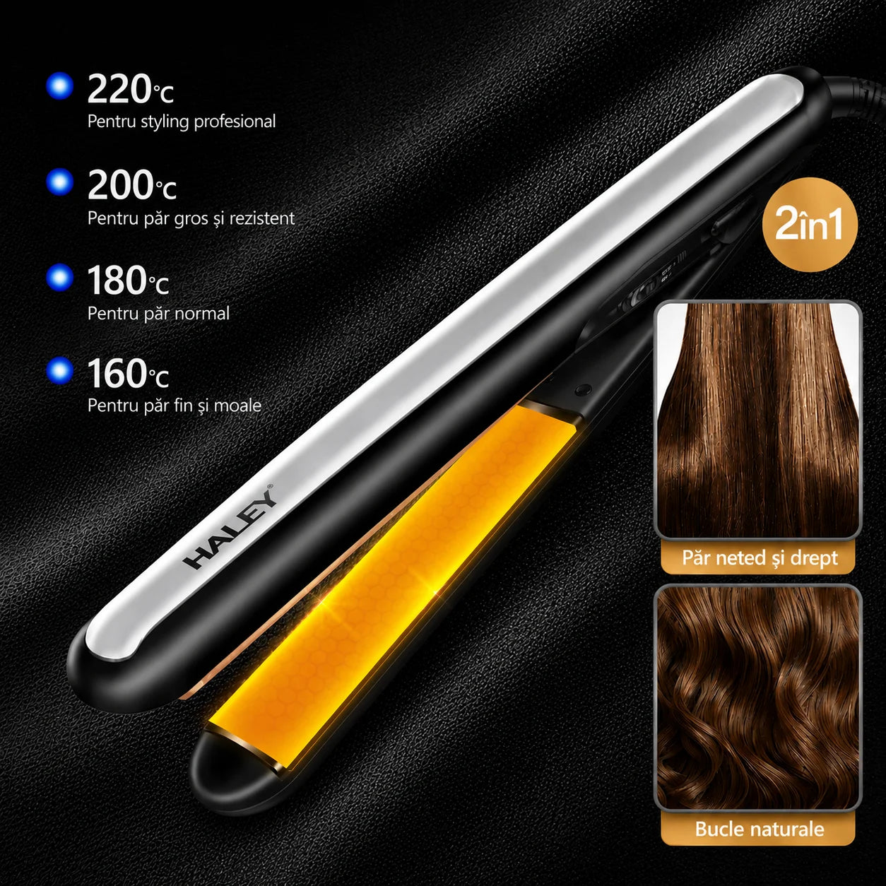 Placă De Îndreptat Părul Haley HY-3007, 45W, 4 Trepte De Temperatură 160–220°C, Încălzire Rapidă
