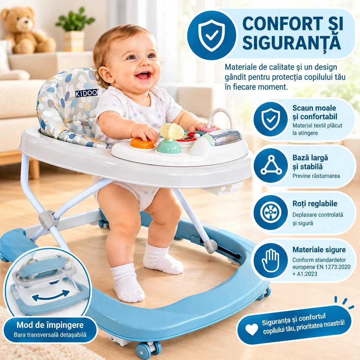Premergător bebe KIDOO Baby Walker W1246UR2, cu jucării și muzică, 6–18 luni, Albastru