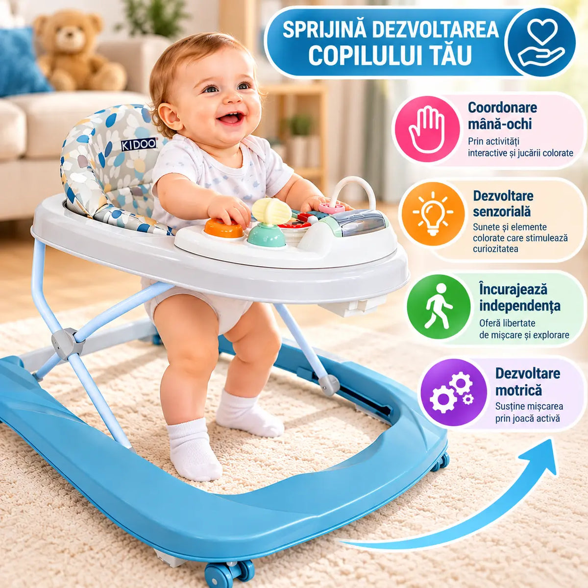 Premergător bebe KIDOO Baby Walker W1246UR2, cu jucării și muzică, 6–18 luni, Albastru