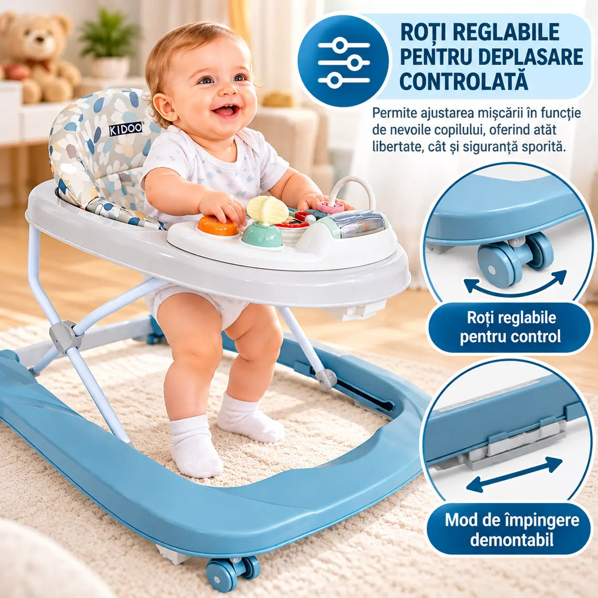 Premergător bebe KIDOO Baby Walker W1246UR2, cu jucării și muzică, 6–18 luni, Albastru