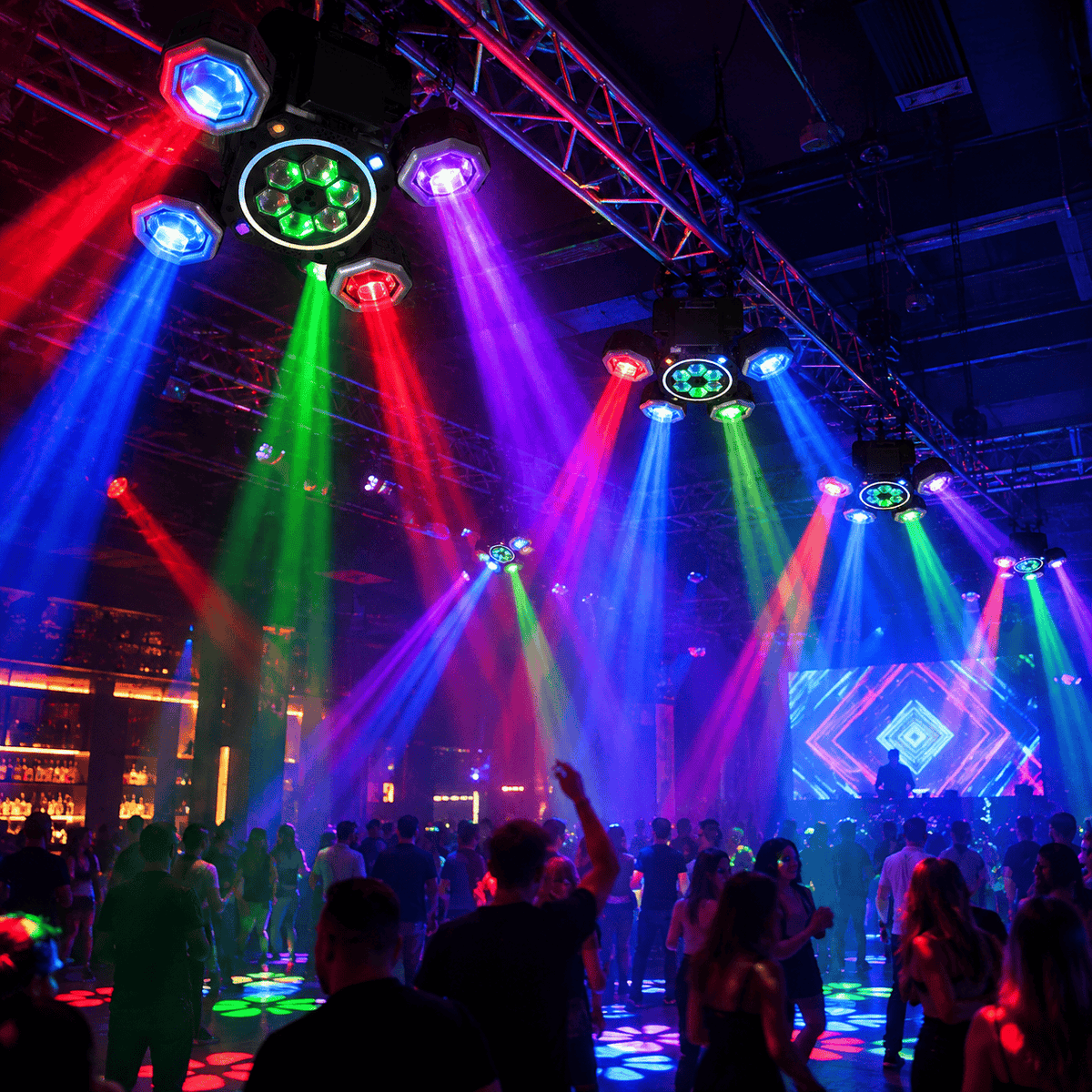 Proiector LED Profesional Moving Head cu 4 Brațe Rotative, Efecte RGB Multicolore, Jocuri de Lumini și Moduri Automate pentru Evenimente