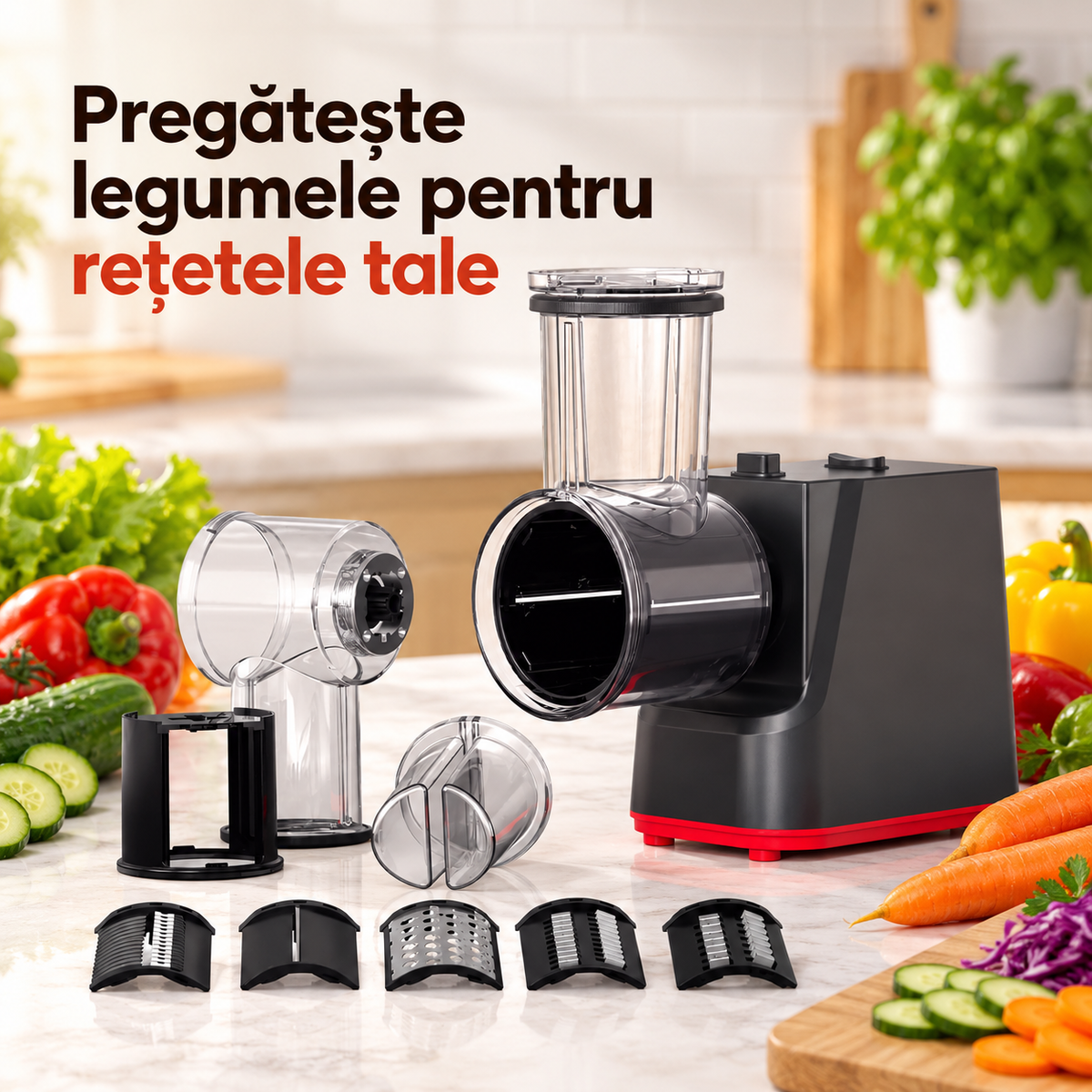 Răzătoare electrică AT-2154 cu accesorii, prezentată într-o bucătărie cu legume