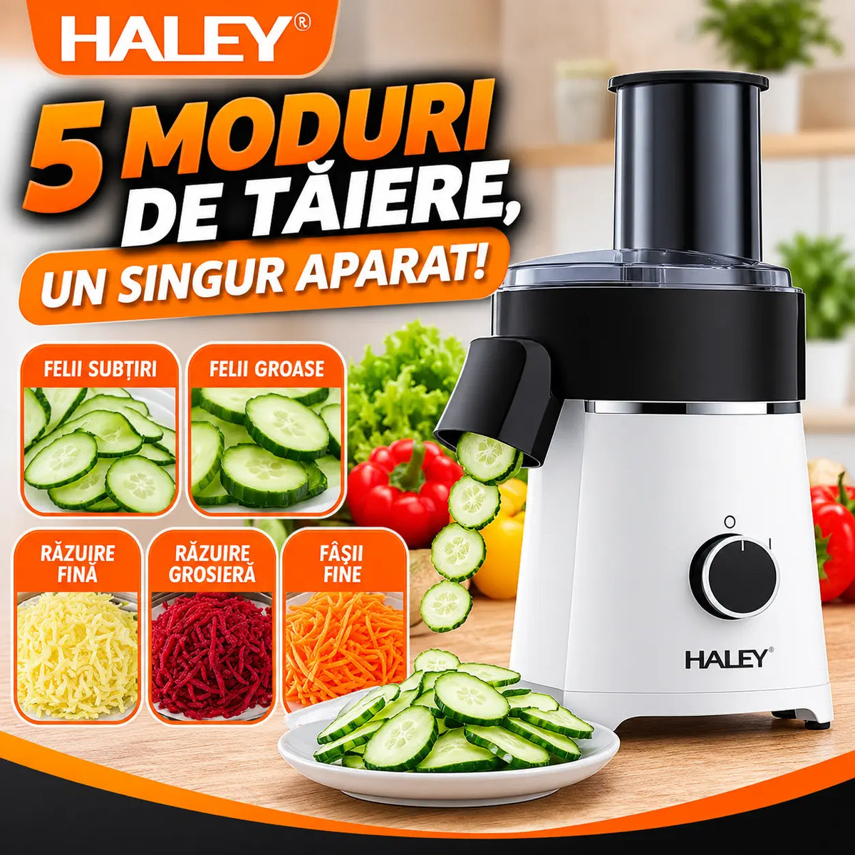 Răzătoare Electrică Multifuncțională HALEY® HY-1330, 600W, 5 Accesorii de Tăiere, Feliere și Răzuire, Lame din Oțel Inoxidabil, Motor Puternic, Componente Detașabile, Bază Antialunecare