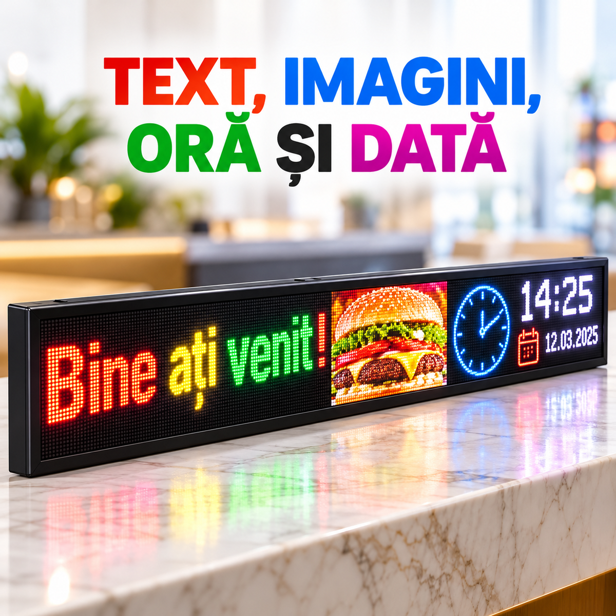 Afișaj LED color pentru text, imagini, oră și dată