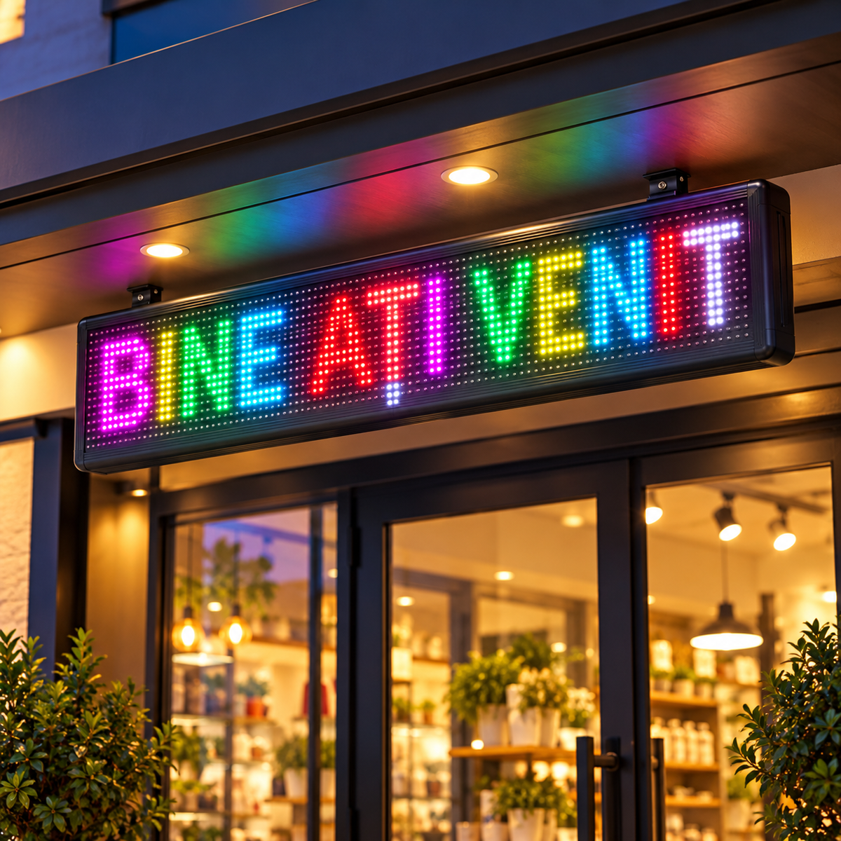 Reclamă luminoasă RGB montată la exteriorul protejat al unui magazin
