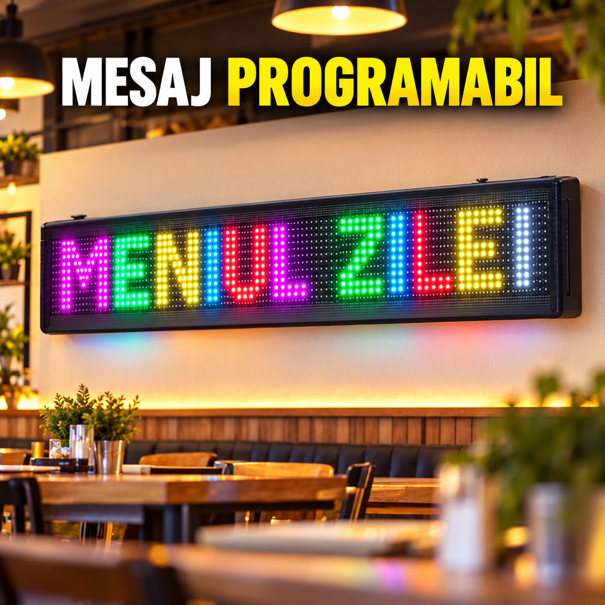 Panou LED RGB cu mesaj programabil într-un restaurant