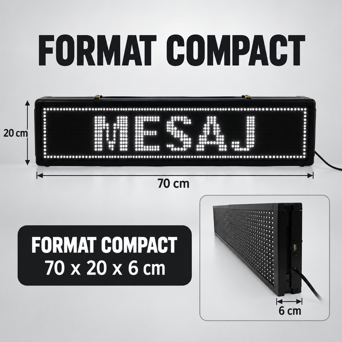 Dimensiunile reclamei luminoase LED: 70 x 20 x 6 cm