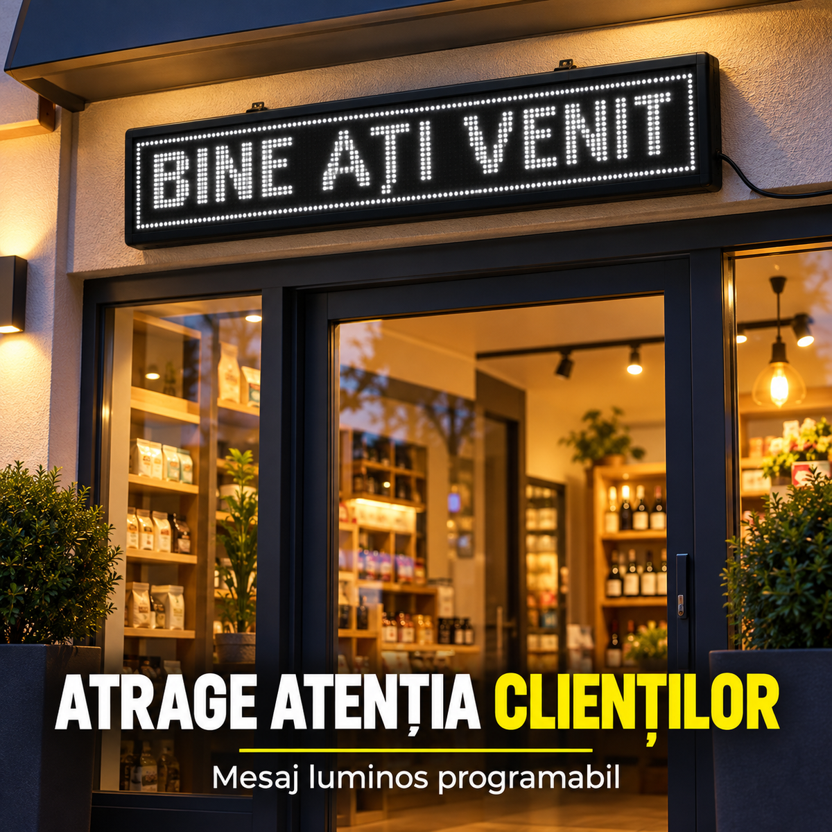Reclamă luminoasă LED 70 x 20 cm montată la intrarea unui magazin