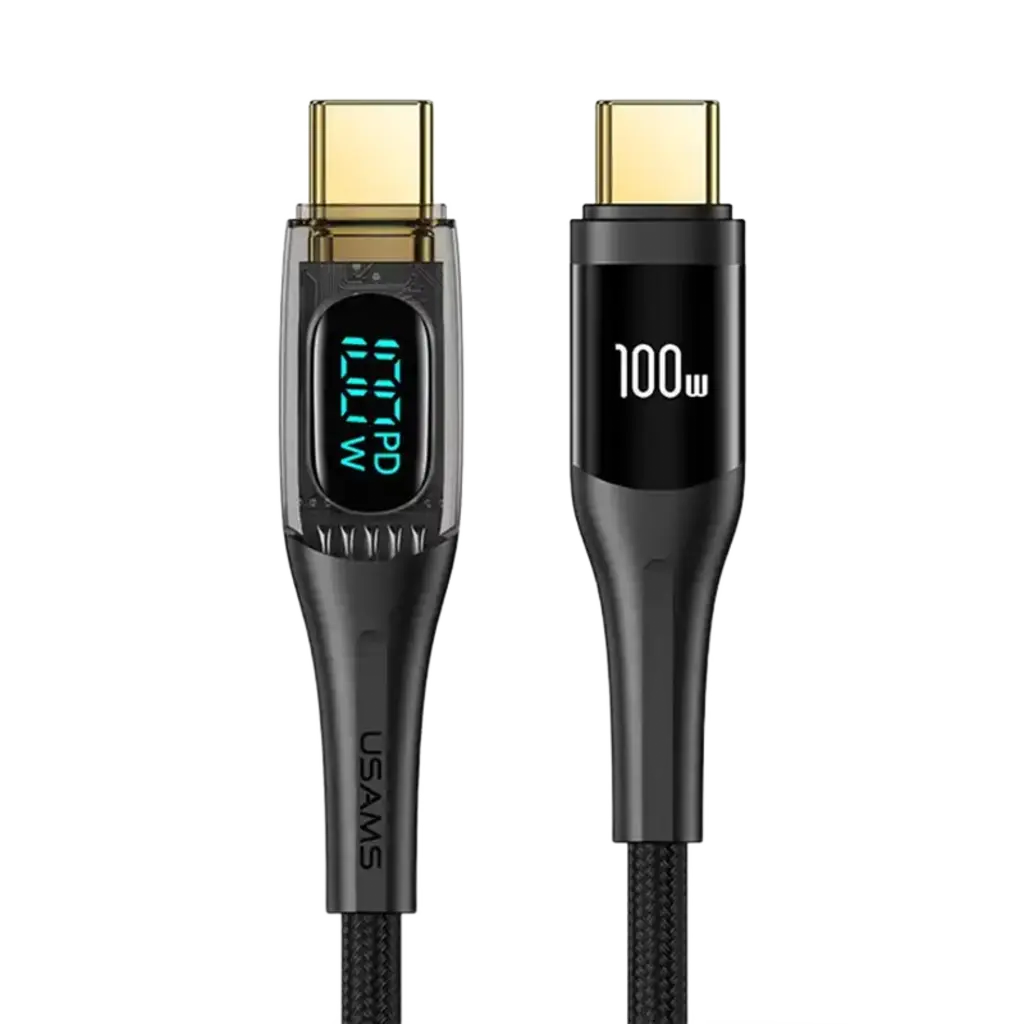 Cablu de Date & Încărcare Rapidă USAMS Shadow Series, USB-C la USB-C, 100W PD, Display Digital LED, Nylon Împletit, 1.2m