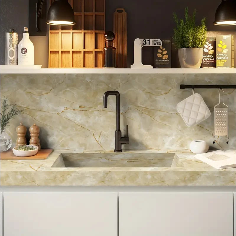 Set 10x Tapet Marmura, AT PERFORMANCE®, suprafata acoperire 1.8 mp, autoadeziv, waterproof, usor de montat, design modern, 30x60 cm, bej