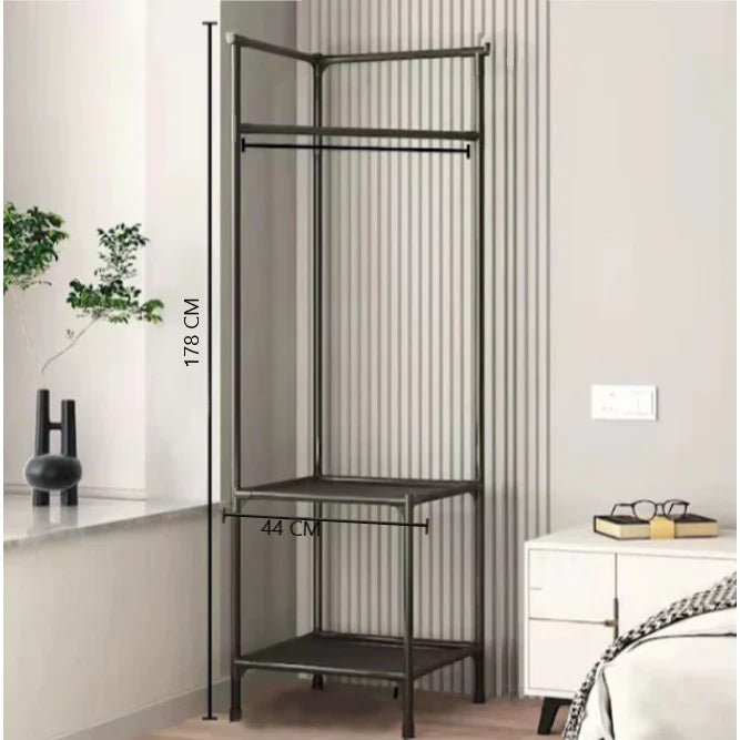 Cuier metalic de colt, At performance, 2 rafturi din material, pentru organizare, 2 manere de agatat, negru