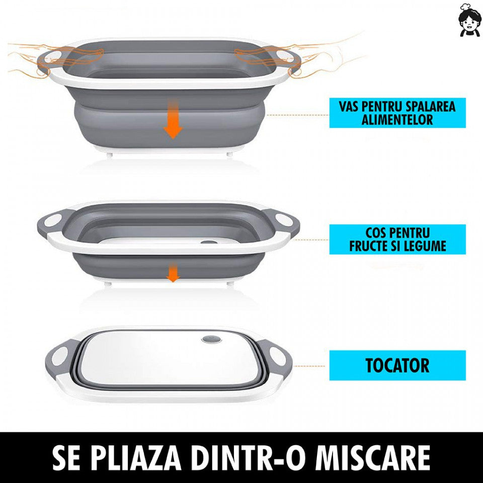 Tocator 3 in 1, tocator, cos depozitare, vas pentru spalare, pliabil, 40x30 cm