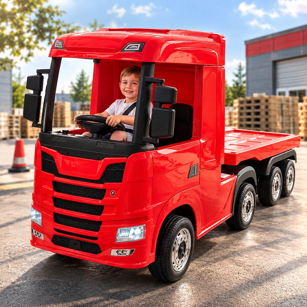 Camion Electric pentru Copii KIDOO cu Remorcă, Licență Oficială SCANIA, Telecomandă 2.4G, Model BJHL698B – 12V, Lumini și Muzică Rosu