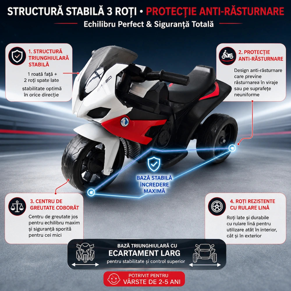 Motocicletă Electrică pentru Copii KI-0003, 6V, 3 Roți, Baterie Reîncărcabilă, 2-6 Ani