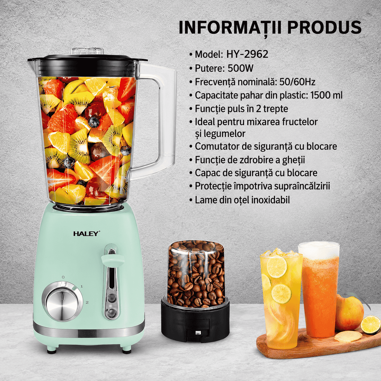 Blender 2 în 1 HALEY HY-2962, 500W, Recipient 1.5L, 2 Viteze + Funcție Pulse, Râșniță, Zdrobire Gheață, Lame din Oțel Inoxidabil, Verde Mentă