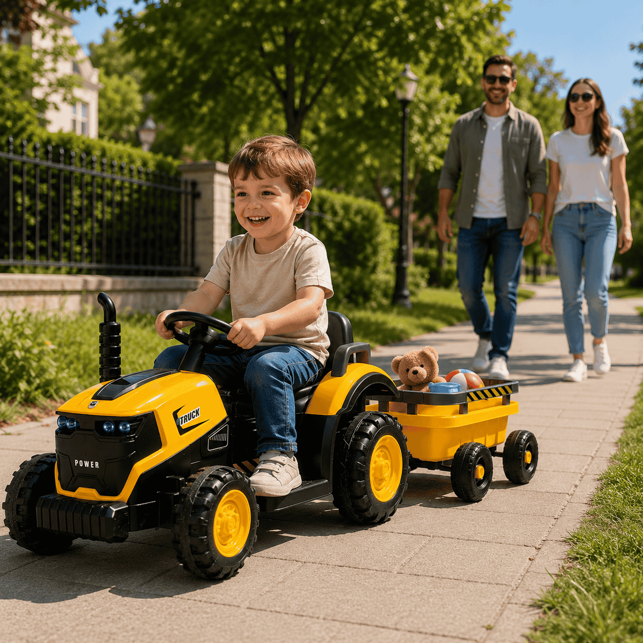 Tractor Electric KIDOO pentru Copii cu Telecomandă 2.4G, Remorcă Detașabilă, 12V 4.5Ah, 2 Motoare 380, Lumini LED, Muzică, Centură de Siguranță, Galben/Gri