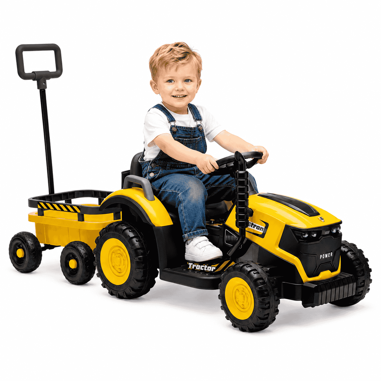 Tractor Electric KIDOO pentru Copii cu Telecomandă 2.4G, Remorcă Detașabilă, 12V 4.5Ah, 2 Motoare 380, Lumini LED, Muzică, Centură de Siguranță, Galben/Gri