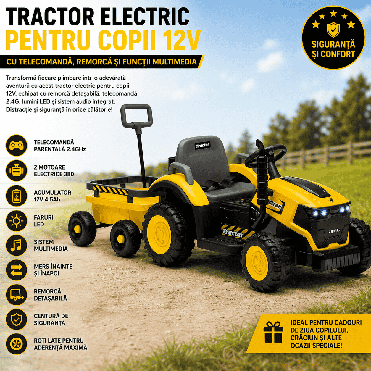 Tractor Electric KIDOO pentru Copii cu Telecomandă 2.4G, Remorcă Detașabilă, 12V 4.5Ah, 2 Motoare 380, Lumini LED, Muzică, Centură de Siguranță, Galben/Gri