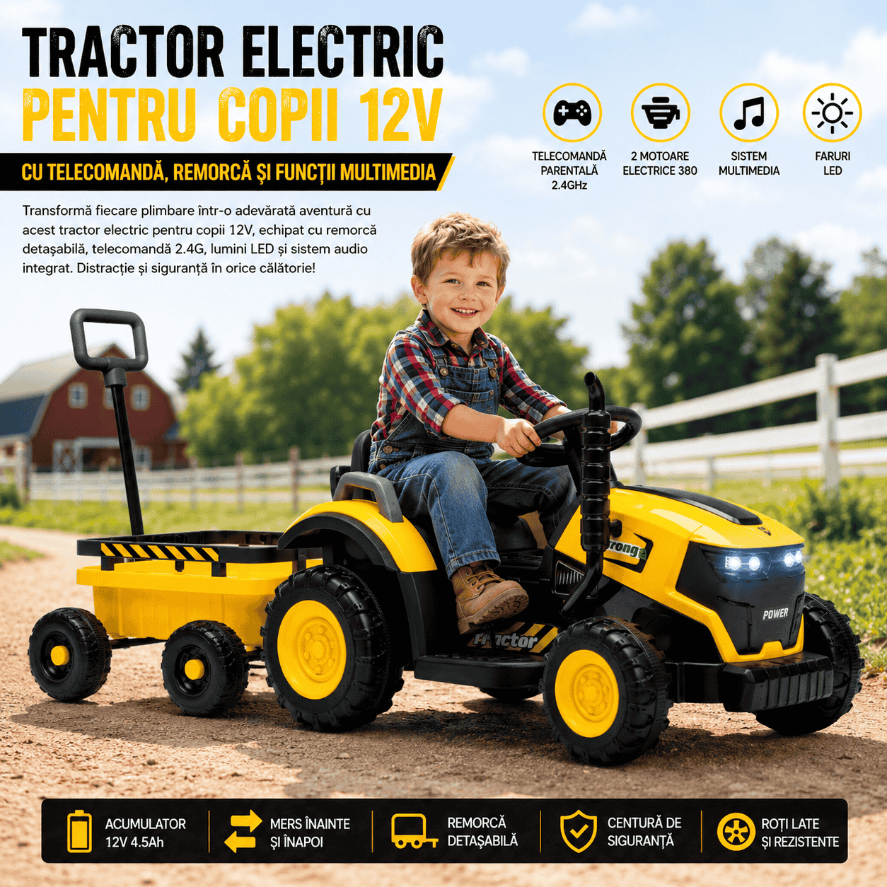 Tractor Electric KIDOO pentru Copii cu Telecomandă 2.4G, Remorcă Detașabilă, 12V 4.5Ah, 2 Motoare 380, Lumini LED, Muzică, Centură de Siguranță, Galben/Gri