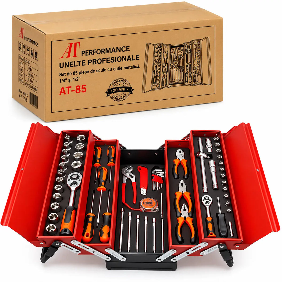 Trusă de Scule AT PERFORMANCE® – 85 Piese, Cutie Metalică cu 5 Compartimente