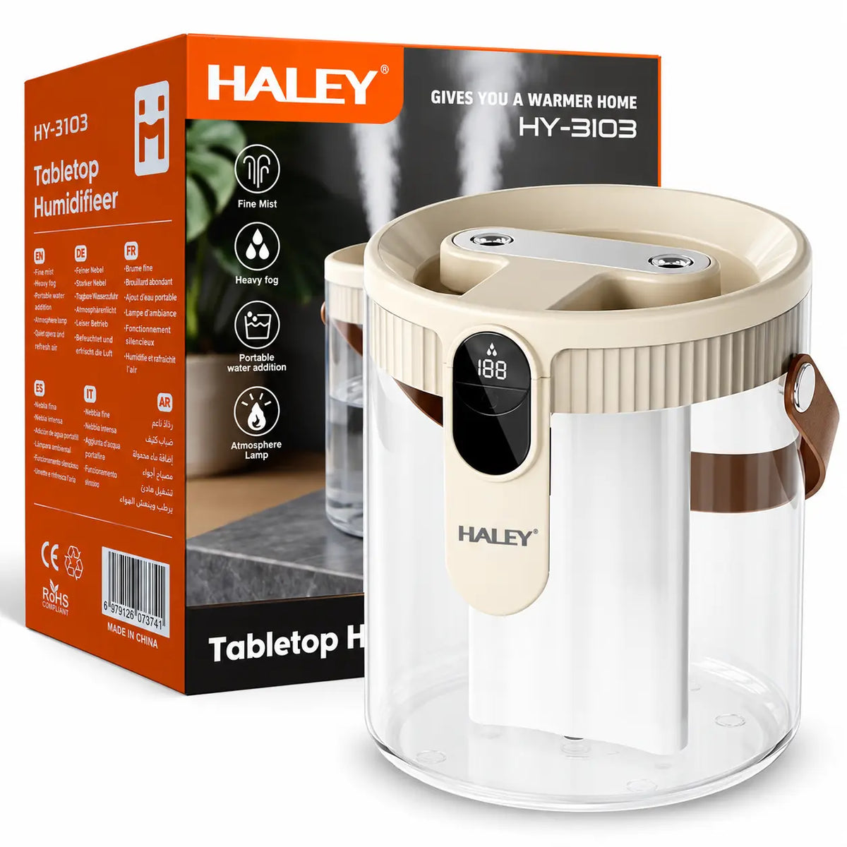 Umidificator de Aer HALEY HY-3103, 1.5L, Pulverizare Dublă, Display Digital Inteligent, Debit 25–80 ml/h, Acumulator 1800 mAh, Oprire Automată cu Timer, Lumină Ambientală Caldă