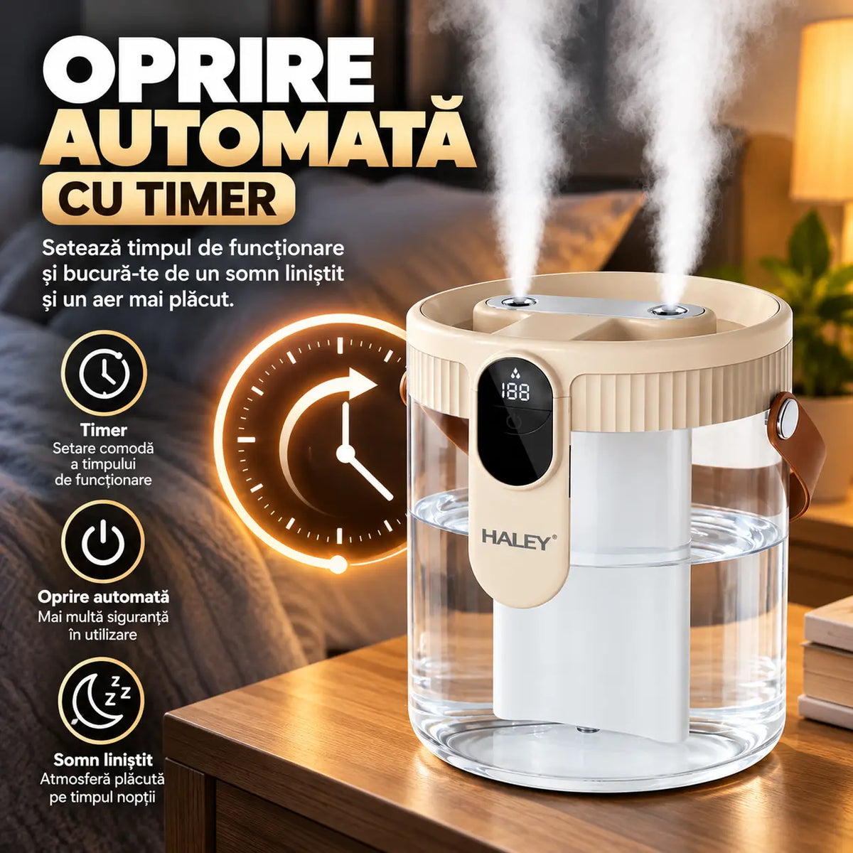 Umidificator de Aer HALEY HY-3103, 1.5L, Pulverizare Dublă, Display Digital Inteligent, Debit 25–80 ml/h, Acumulator 1800 mAh, Oprire Automată cu Timer, Lumină Ambientală Caldă