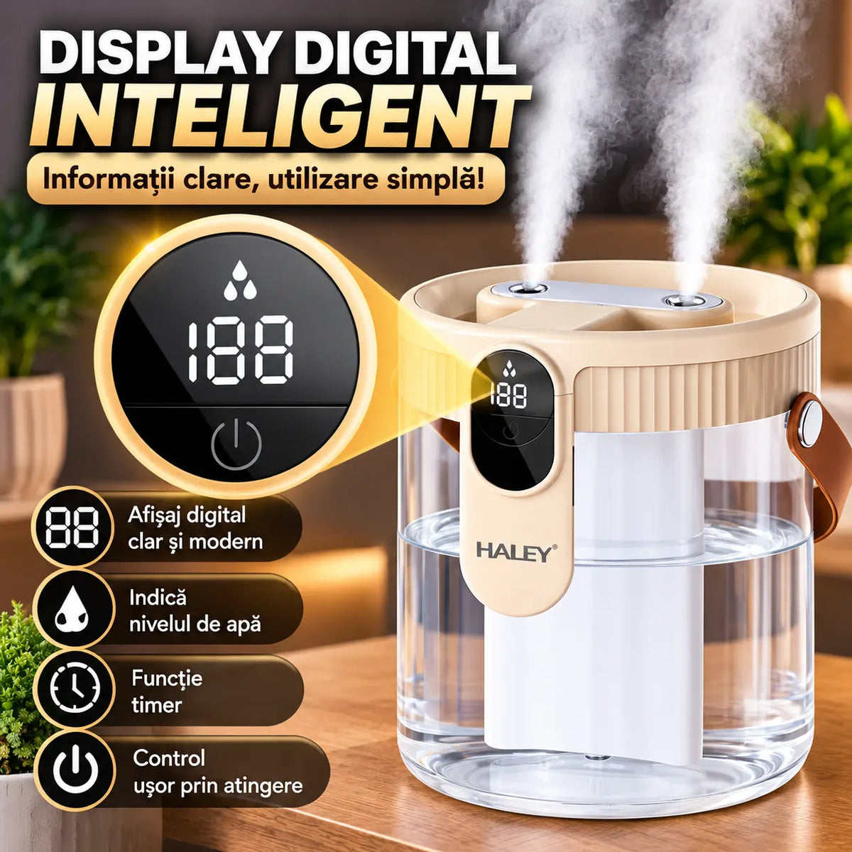 Umidificator de Aer HALEY HY-3103, 1.5L, Pulverizare Dublă, Display Digital Inteligent, Debit 25–80 ml/h, Acumulator 1800 mAh, Oprire Automată cu Timer, Lumină Ambientală Caldă
