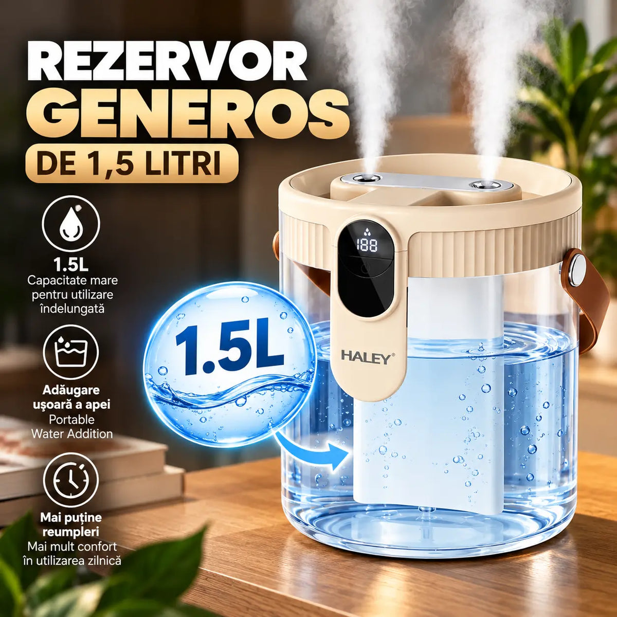 Umidificator de Aer HALEY HY-3103, 1.5L, Pulverizare Dublă, Display Digital Inteligent, Debit 25–80 ml/h, Acumulator 1800 mAh, Oprire Automată cu Timer, Lumină Ambientală Caldă