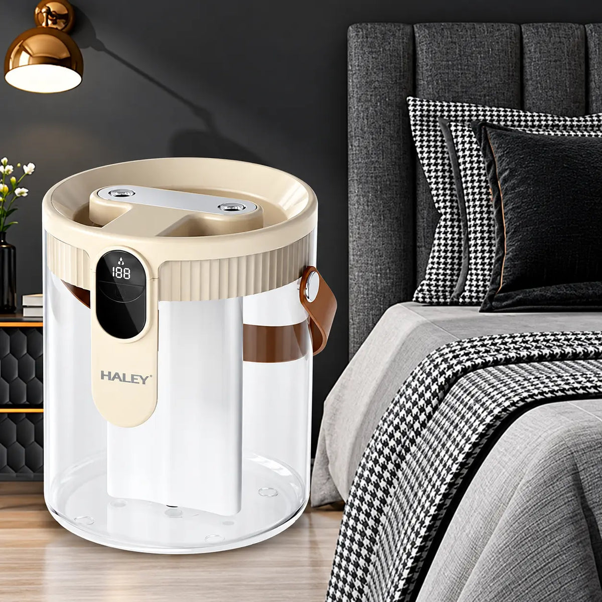Umidificator de Aer HALEY HY-3103, 1.5L, Pulverizare Dublă, Display Digital Inteligent, Debit 25–80 ml/h, Acumulator 1800 mAh, Oprire Automată cu Timer, Lumină Ambientală Caldă