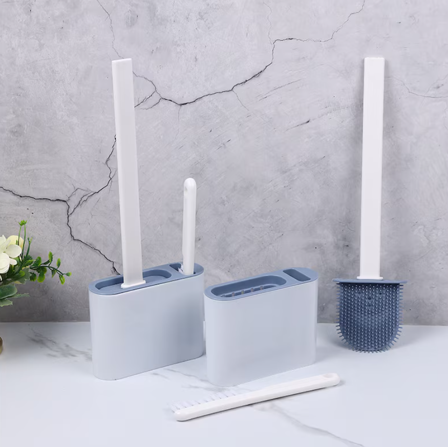 Set Perie WC din silicon pentru toaleta, AT PERFORMANCE®, Cap Flexibil, fixare pe perete, cu recipient din plastic, aspect modern, Alb