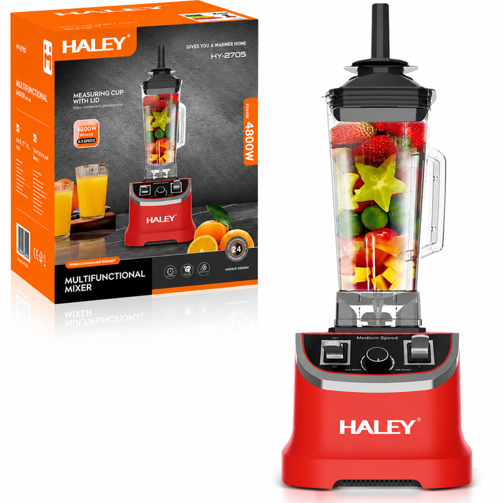 Blender Profesional Multifuncțional HALEY HY-2705, 4800W, Cană 2.5L, 15 Trepte de Viteză, Funcție Pulse, Zdrobire Gheață, Lame din Inox