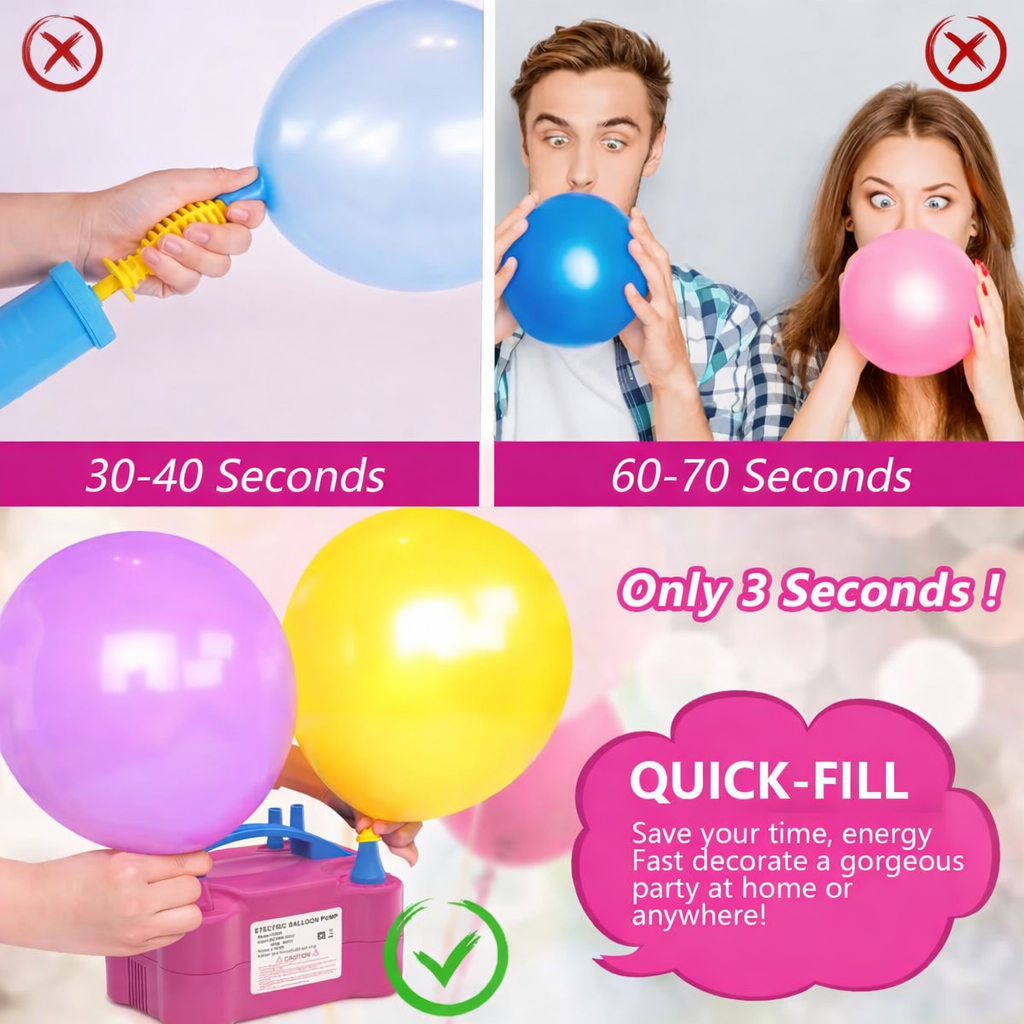 Compresor Profesional pentru umflat baloane si obiecte gonflabile, Putere 600 W, Alimentare 220 V, Culoare Roz / Albastru