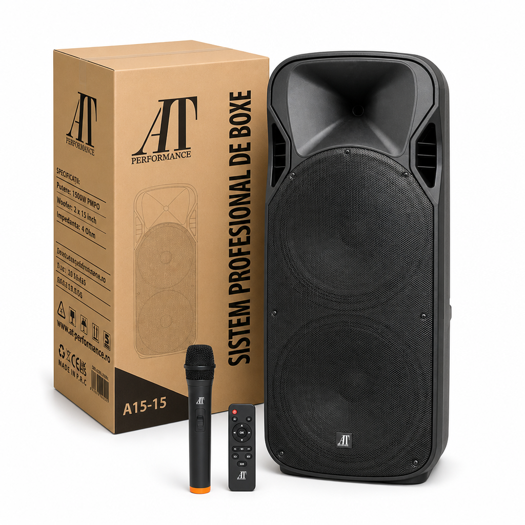 Boxă portabilă profesională AT Performance A15-15, 800W, Karaoke, Bluetooth, Microfon wireless, Baterie reîncărcabilă