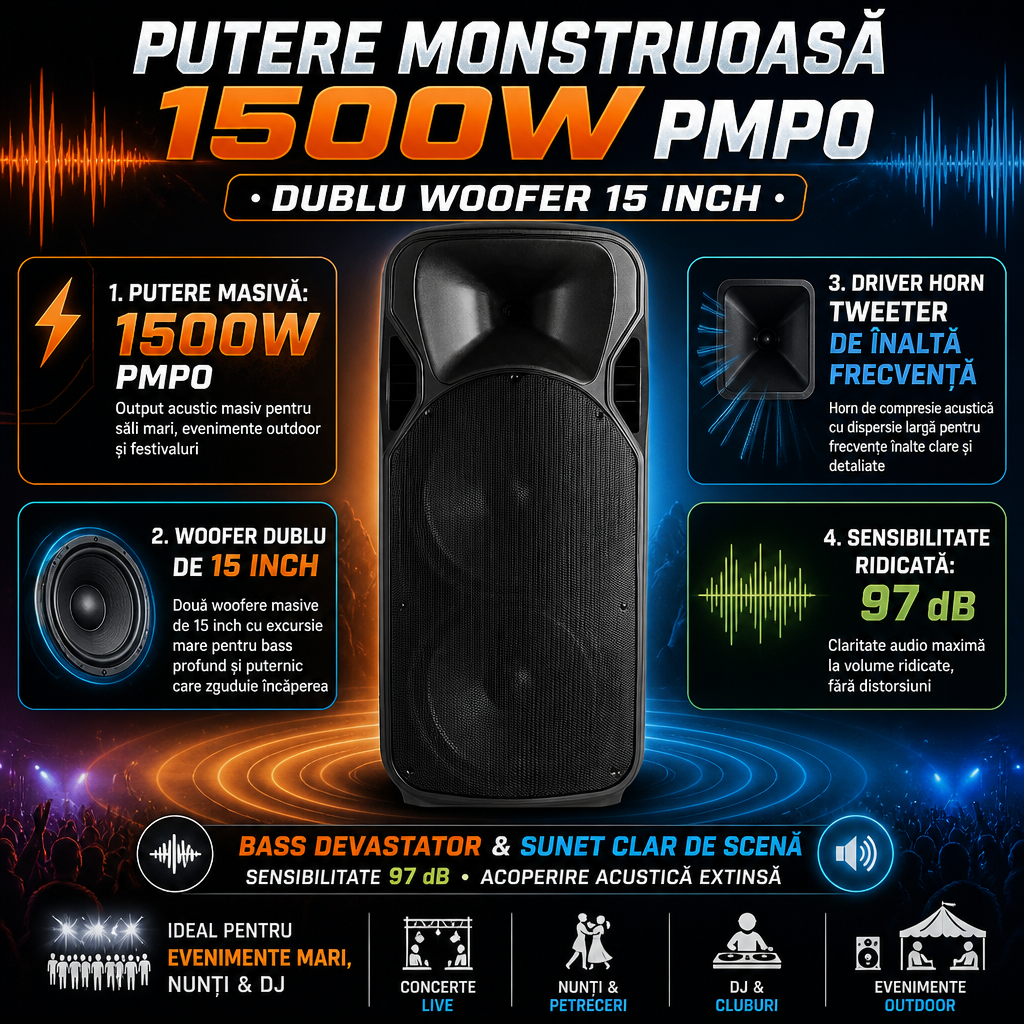 Boxă portabilă profesională AT Performance A15-15, 800W, Karaoke, Bluetooth, Microfon wireless, Baterie reîncărcabilă