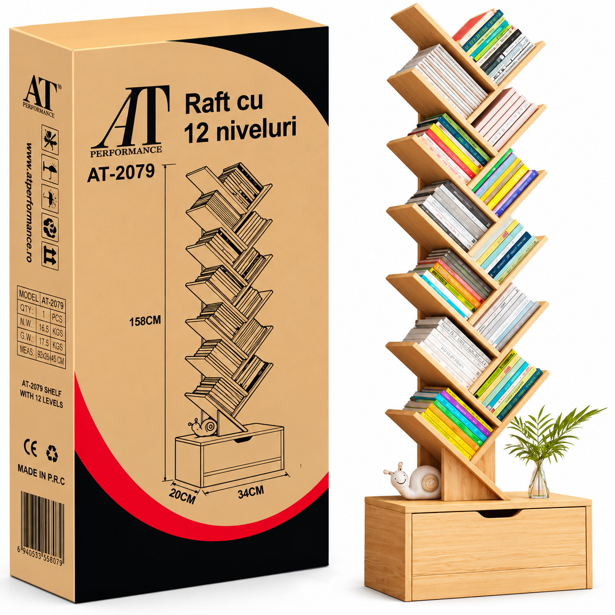 Bibliotecă Tip Arbore cu 12 Niveluri și Sertar Inferior, Raft pentru Cărți Modern, Economisire Spațiu pentru Living, Dormitor și Birou