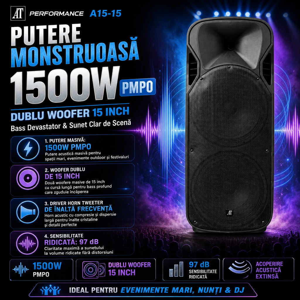 Boxă portabilă profesională AT Performance A15-15, 800W, Karaoke, Bluetooth, Microfon wireless, Baterie reîncărcabilă