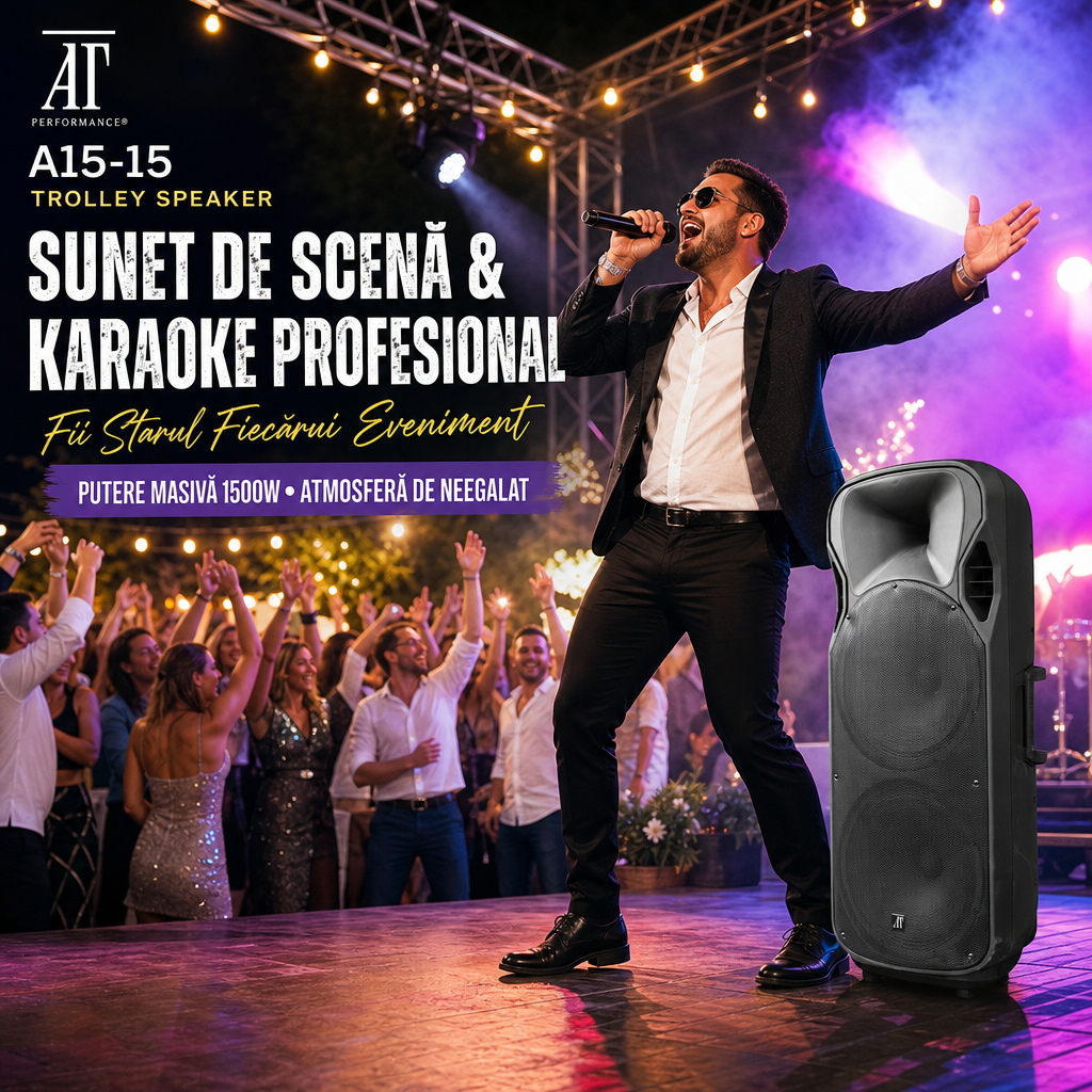 Boxă portabilă profesională AT Performance A15-15, 800W, Karaoke, Bluetooth, Microfon wireless, Baterie reîncărcabilă