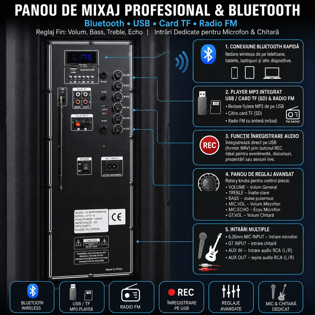 Boxă portabilă profesională AT Performance A15-15, 800W, Karaoke, Bluetooth, Microfon wireless, Baterie reîncărcabilă