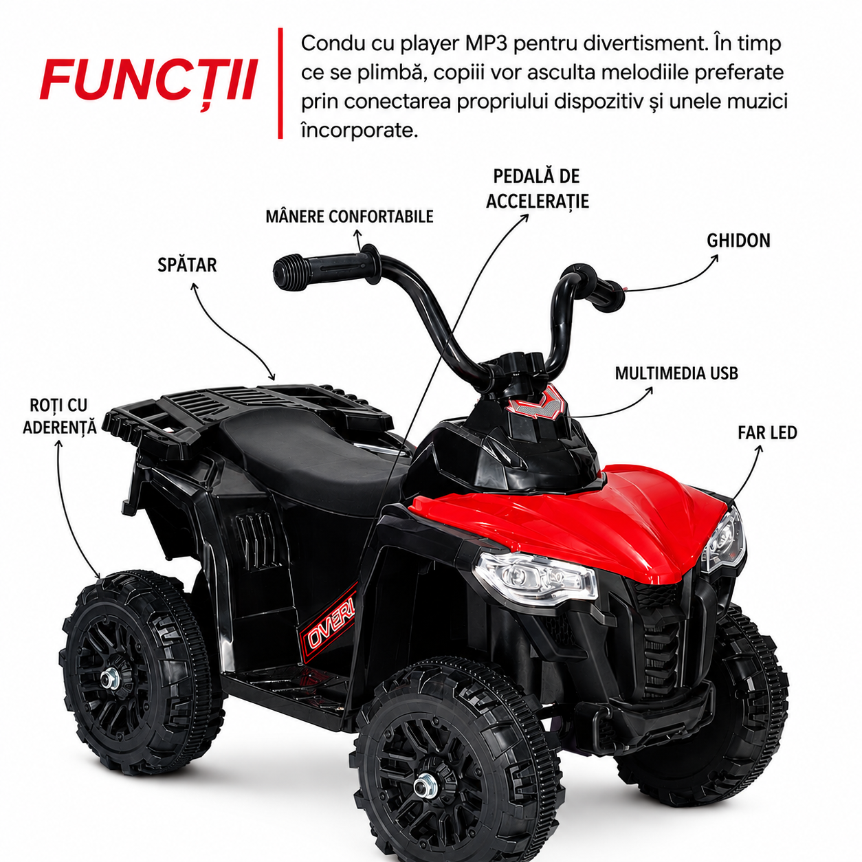 ATV Electric KIDOO pentru Copii 6V, Motor 380, Faruri LED, Pornire cu Buton, Design Off-Road, Roșu