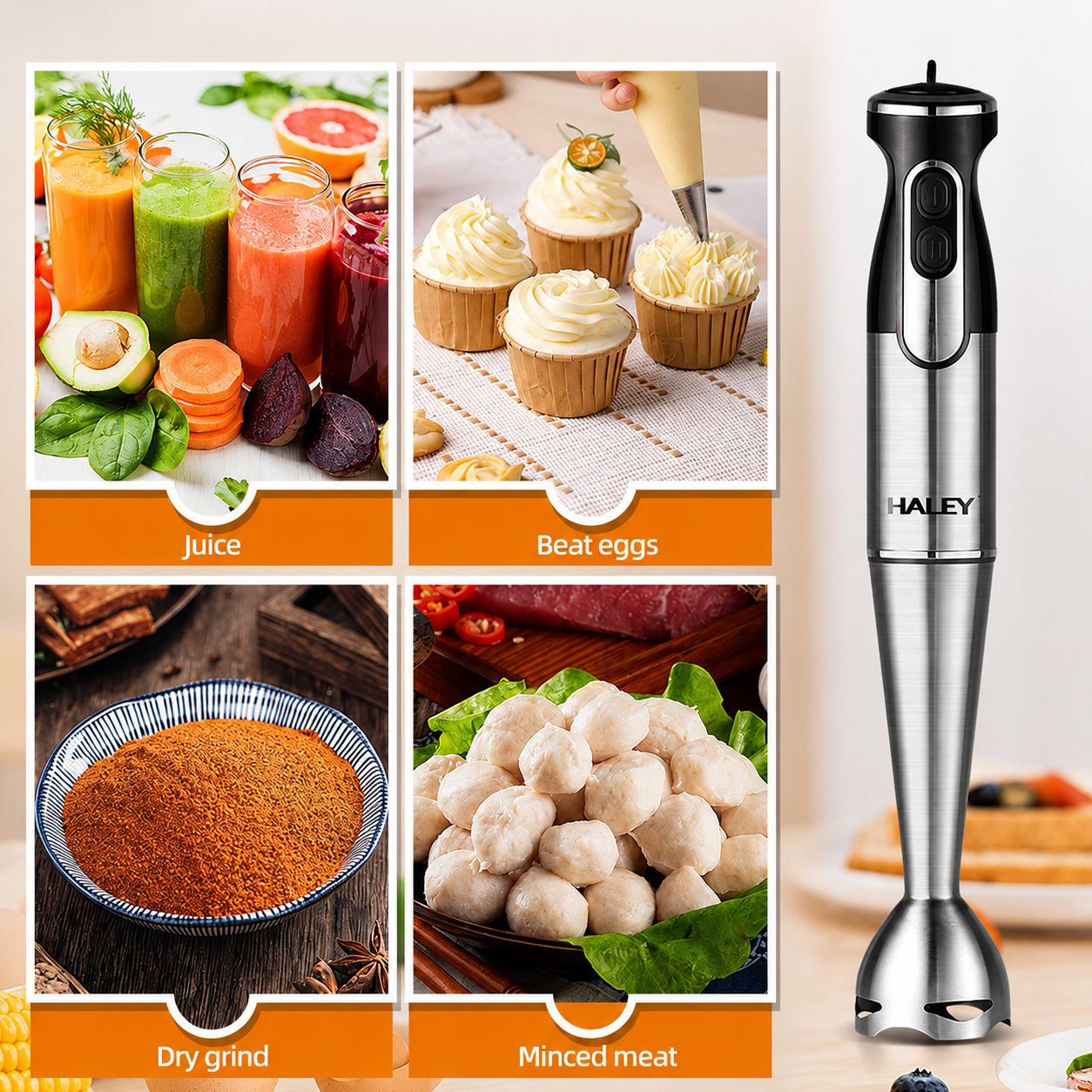 Blender Vertical HALEY HY-1110, 1600W, 2 Viteze, Motor DC, Lame din Oțel Inoxidabil, Protecție Anti-Stropire, Picior Detașabil