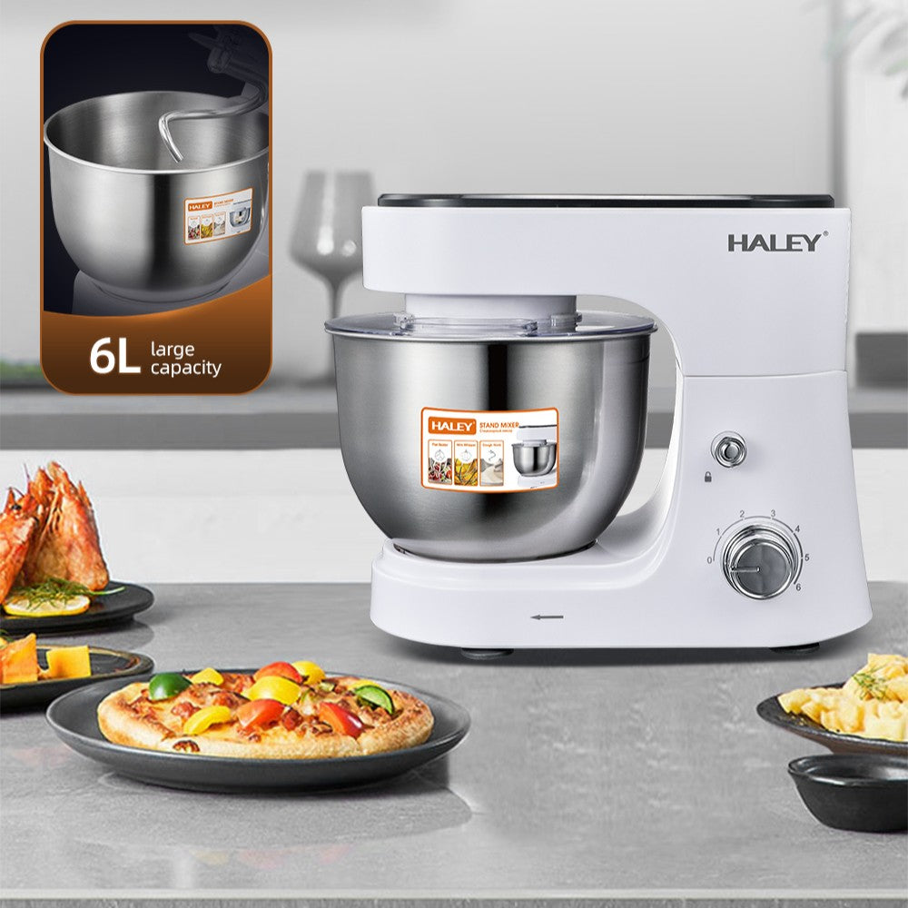 Mixer Profesional HALEY HY-2409, 1200W, Bol 6L Inox, 6 Viteze + Pulse, Alb/Inox, Silențios, Protecție Întrerupere