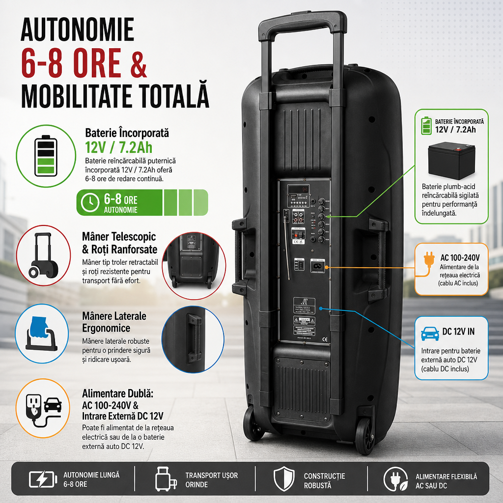 Boxă portabilă profesională AT Performance A15-15, 800W, Karaoke, Bluetooth, Microfon wireless, Baterie reîncărcabilă