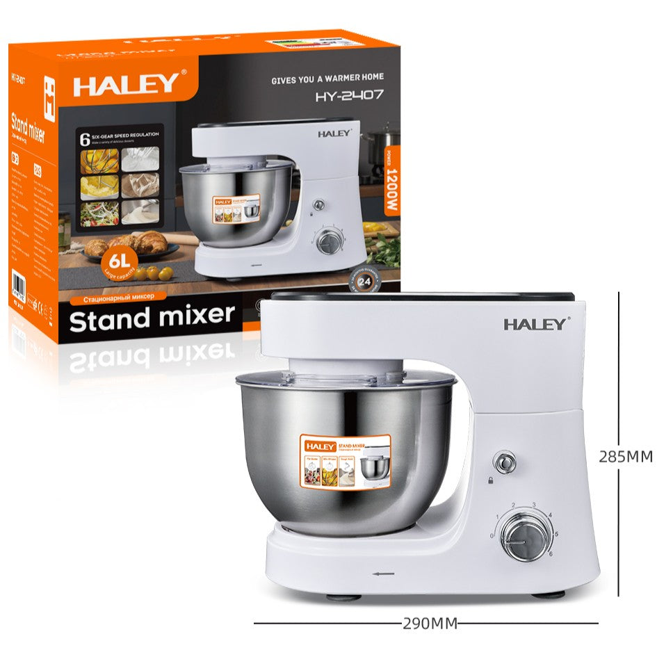 Mixer Profesional HALEY HY-2409, 1200W, Bol 6L Inox, 6 Viteze + Pulse, Alb/Inox, Silențios, Protecție Întrerupere
