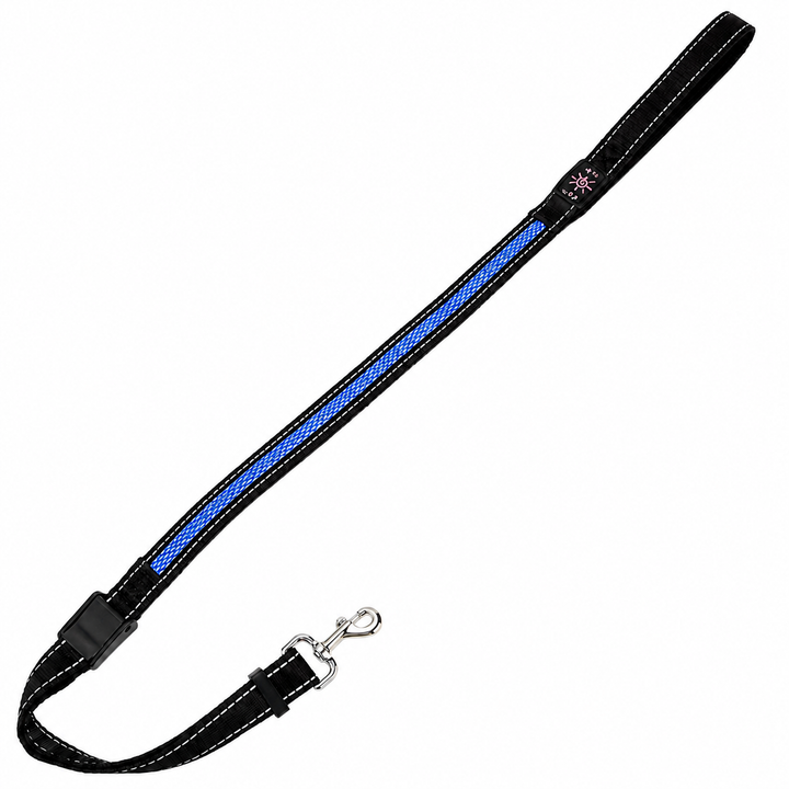 Lesa Pentru caini si pisici At Performance, cu Banda LED Albastra, Cusatura Reflectorizanta, cu 3 Moduluri de iluminare, 90-115 cm, Acumulator, Incarcare USB Negru/Albastru