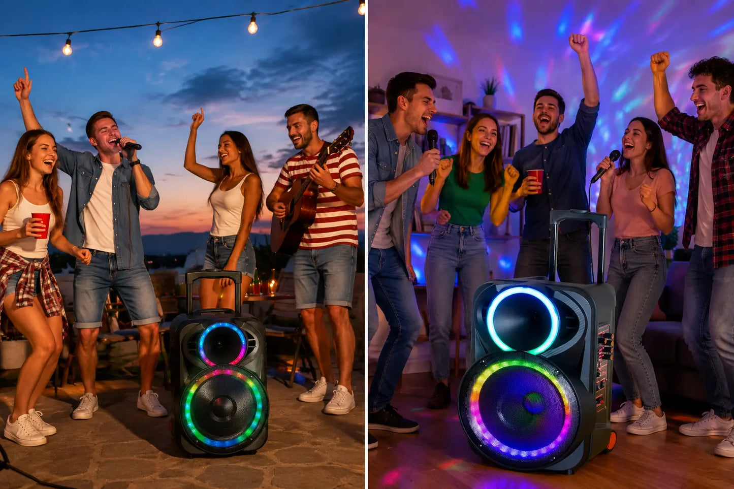 Boxă Portabilă Karaoke 12" KOLAV F1230, 120W PMPO, Acumulator Reîncărcabil, 2 Microfoane Wireless, Bluetooth, RGB LED, TWS, USB/TF, FM Radio, Telecomandă
