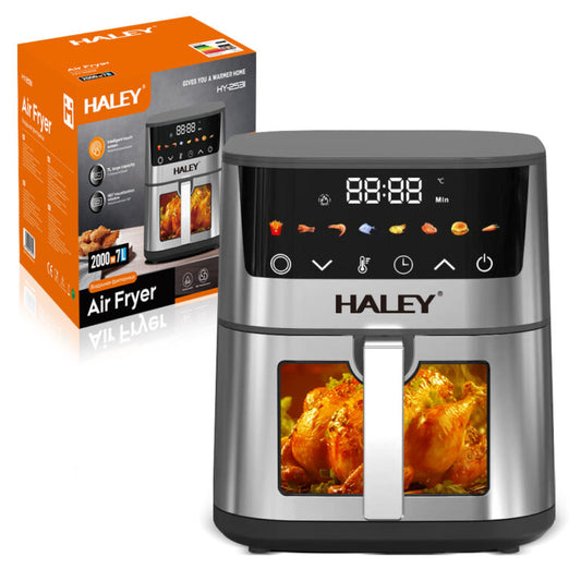 Friteuză cu Aer Cald HALEY 7L, 2000W cu Gătire 360°, Ecran Tactil, Geam de Vizualizare 180°, 8 Programe – Gătit Sănătos și Crocant fără Ulei