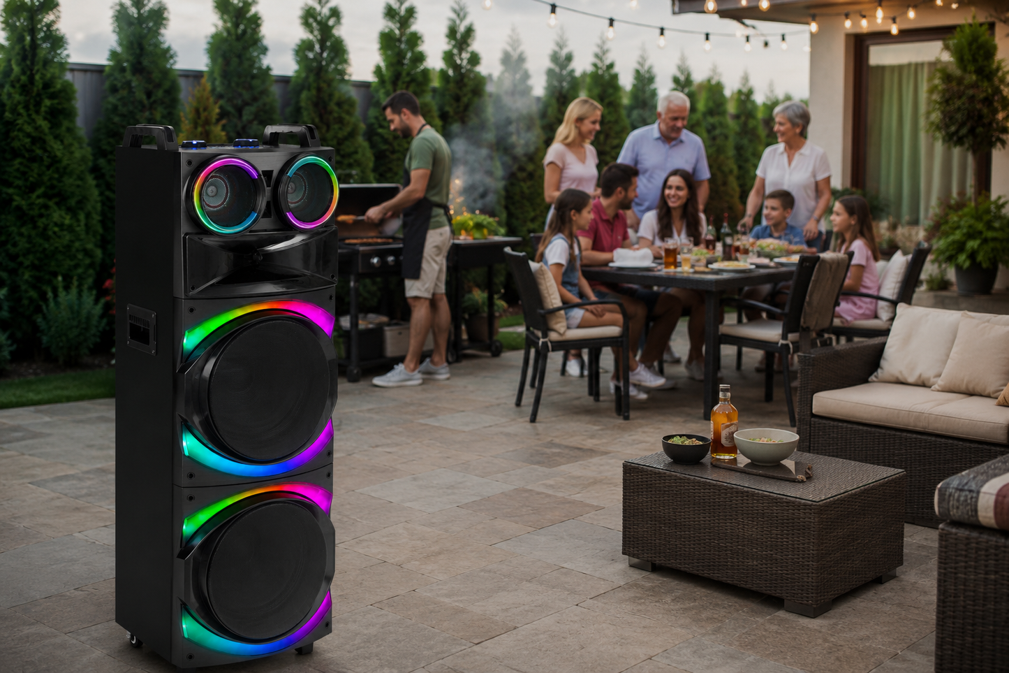 Boxă Karaoke AT PERFORMANCE® Portabilă 21200W PMPO, 2 x 12", Bluetooth, 2 Microfoane Wireless, RGB LED