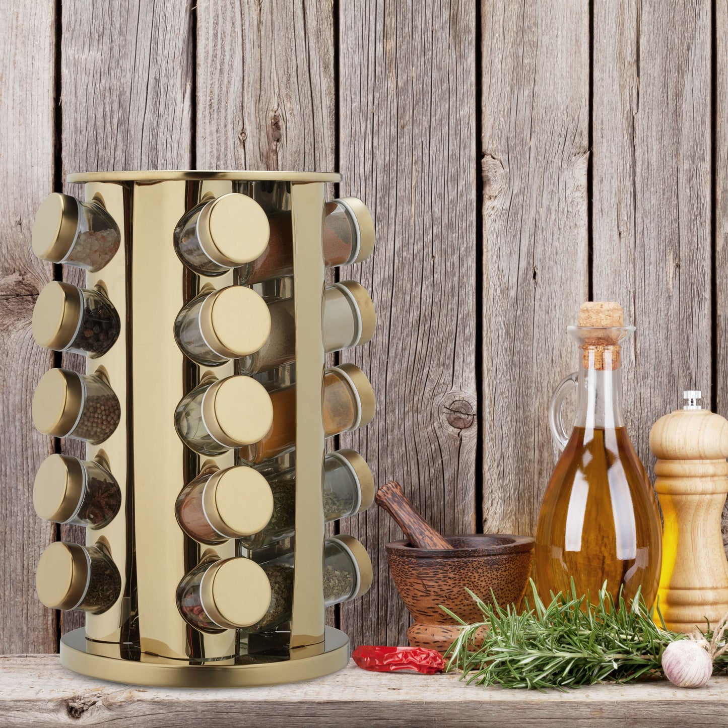 Set 20 de recipiente AT PERFORMANCE®, pentru condimente cu suport rotativ, inox, 33,5 x 23 x 23 cm.